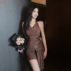 2025 new summer sexy sleeveless v neck backless solid color dress street casual slim fashion club party frock