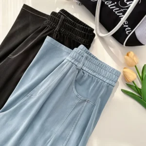 denims wide leg pants women vintage jeans elastic waist washed distressed pockets basics straight trousers 2025 streetwear