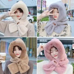 winter windproof integrated cap scarf plush warm ear protection cap thickening casual neck warmer for women