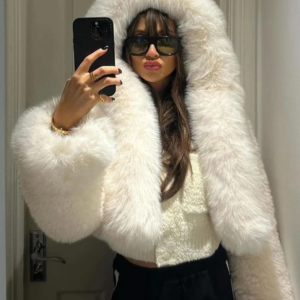 solid white faux fur short coat women casual lapel full sleeves loose thicken hooded coat 2025 lady winter daily street wear new