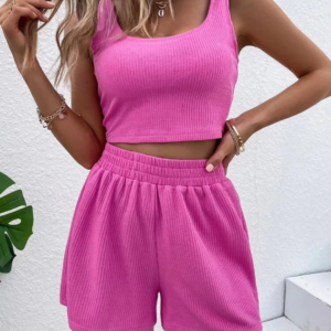 women two piece short sets slim fit shorts suit sleeveless tank round neck lounge solid casual lady summer homewear suits