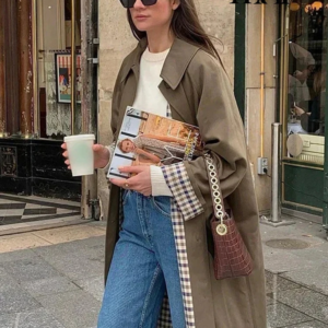 women fashion long trench coat autumn/winter lapel long sleeve single breasted coat loose solid color simple street jacket