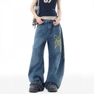 american splash ink embroidery jeans for men and women in winter design scimitar pants wide leg trousers boutique clothing