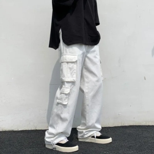 black/white casual pants men's fashion loose straight wide leg pants men streetwear hip hop pocket cargo pants mens trousers