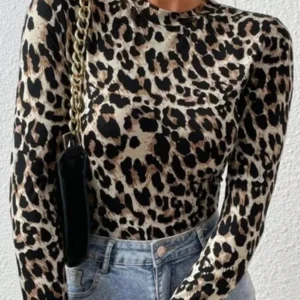 sexy tight women's bodysuits women's small stand collar long sleeve fashion leopard print tight girly style bodysuit top
