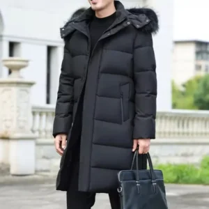 winter fur collar down jacket men's luxury business thickened warm white duck down coat men casual long cold proof hooded parka