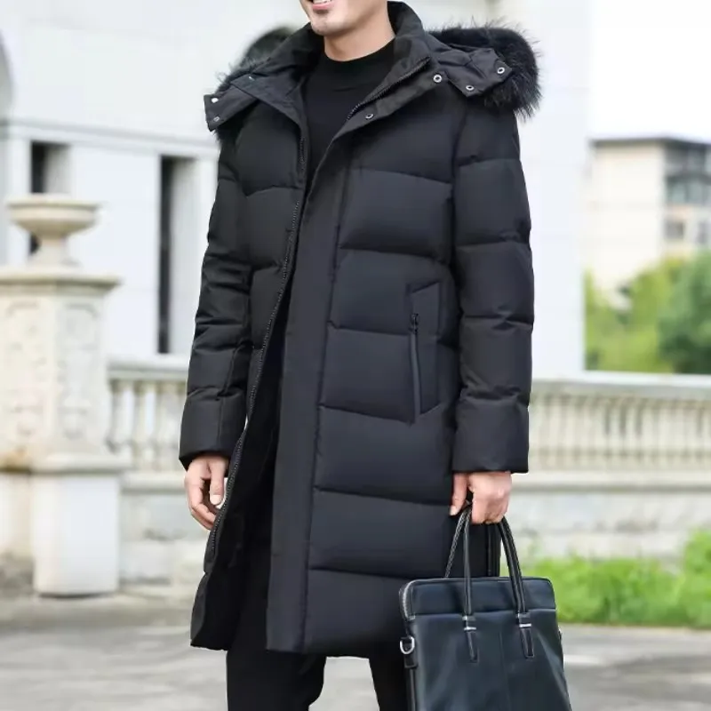 winter fur collar down jacket men's luxury business thickened warm white duck down coat men casual long cold proof hooded parka