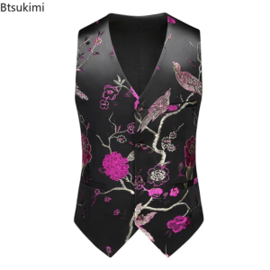 2025 luxury embroidered suit vest men's single breasted retro jacquard v neck sleeveless vest jacket fashion slim waistcoats 6xl