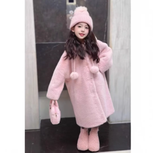 autumn winter 2025 new white faux fur children coats mid length coat fashion thick warm hooded jackets casual loose warm jacket