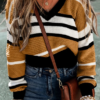 women's autumn fashion sweater casual loose contrasting color splicing v neck sweater retro striped pullover women's clothing