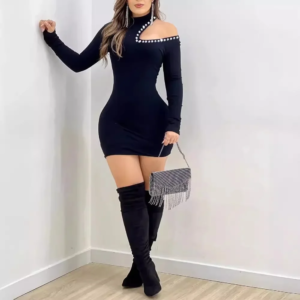 women's clothing hollow hot drilling midi dress long sleeve solid color sexy bodycon fashion summer dress