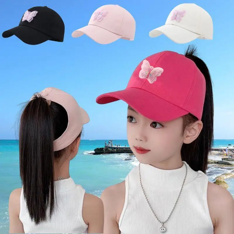 summer children butterfly sun hat girls ponytail hats 5 10year kids empty top baseball cap outdoor baby sunshade visors