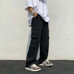 black/white casual pants men's fashion loose straight wide leg pants men streetwear hip hop pocket cargo pants mens trousers