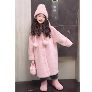 autumn winter 2025 new white faux fur children coats mid length coat fashion thick warm hooded jackets casual loose warm jacket