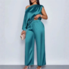 sexy one shoulder sleeve satin women's trousers 2 piece set spring summer new fashion elegant female wide leg trousers suit 2026