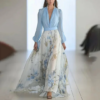 elegant long sleeve maxi dress women 2025 summer fashion slim floral print v neck white long dresses casual