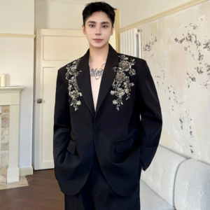 high end sequins three dimensional embroidered suit jacket men's 2024 handsome trendy versatile loose casual light luxury jacket