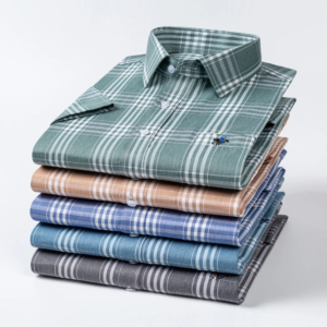 men's summer short sleeve shirt with embroidered chest pocket, lightweight breathable 100% cotton plaid button down shirts