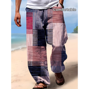 mens loose fit geometric pattern print beach trousers elastic drawstring wais suitable for outdoor sports summer pants for men