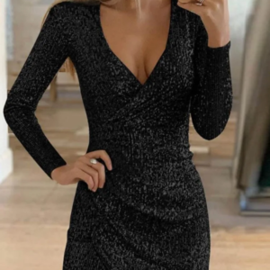 dresses for women 2025 sexy deep v neck silver sequin mini bodycon dress spring autumn long sleeve party dress female