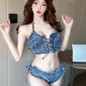 bikini set women sexy denim suits bathing suit lace up night club party strap bra vest drawstring summer two pieces swimwear