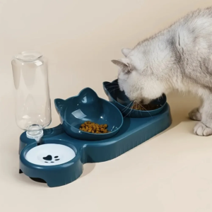 anti slip tilted cat bowl with automatic water dispenser, non electric plastic pet feeding accessories.