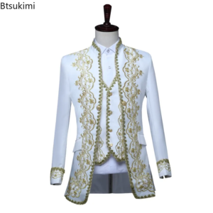 new men's luxury gold encrusted retro court tuxedo 3 piece sets fashion stand collar embroidered sets opera house stage costumes