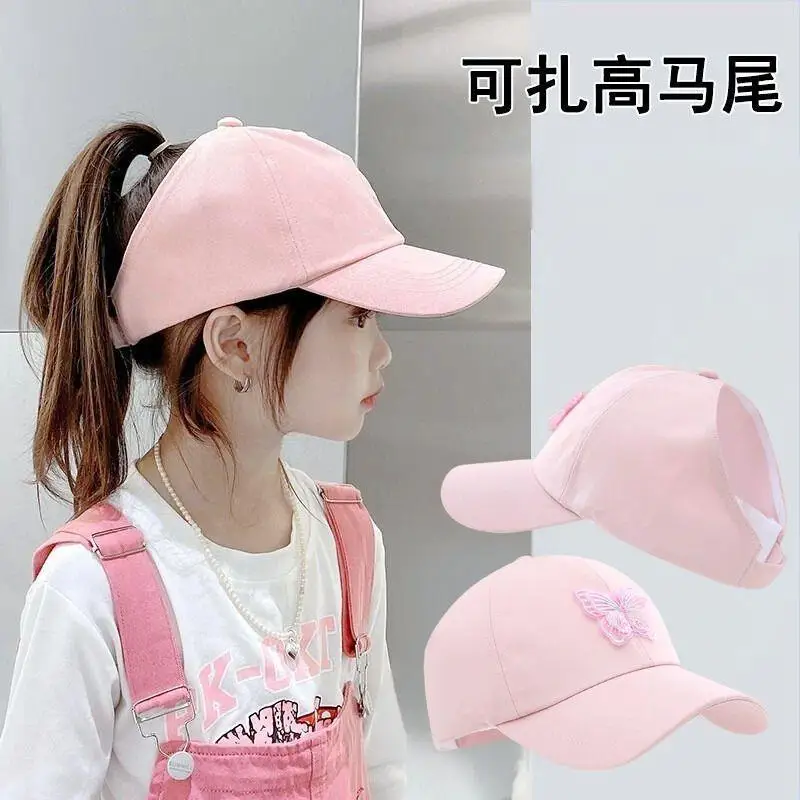 summer children butterfly sun hat girls ponytail hats 5 10year kids empty top baseball cap outdoor baby sunshade visors