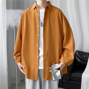 korean style men's fashionable, casual, niche, solid color, simple, loose and comfortable long sleeved shirt jacket for autumn.