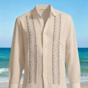 men's summer loose beige linen embroidered casual shirt