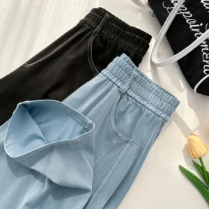 denims wide leg pants women vintage jeans elastic waist washed distressed pockets basics straight trousers 2025 streetwear