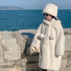autumn winter 2025 new white faux fur children coats mid length coat fashion thick warm hooded jackets casual loose warm jacket