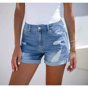 hole shorts women summer jeans stretch high waist skinny pockets distressed washed straight denims streetwear 2025 short pants