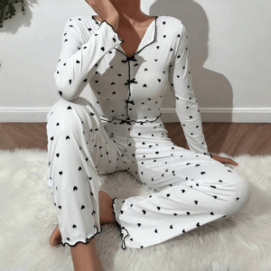 2 piece sets women pajamas suit top pants ensemble sleepwear heart print bow loungewear female autumn outfits nightwear 2025
