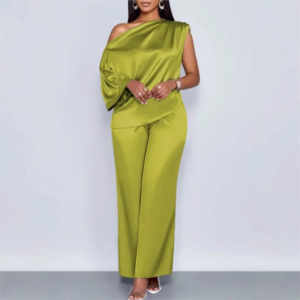 sexy one shoulder sleeve satin women's trousers 2 piece set spring summer new fashion elegant female wide leg trousers suit 2026