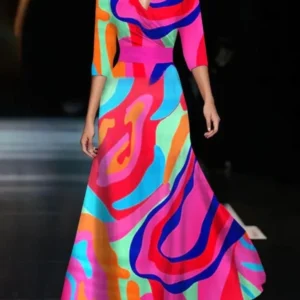 fashionable v neck three quarter sleeve dress for women spring autumn new elegant waisted floral printing casual dresses female