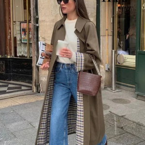 women fashion long trench coat autumn/winter lapel long sleeve single breasted coat loose solid color simple street jacket