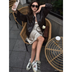 bsay artificial leather bomber jacket women's clothing autumn winte lapel long sleeved zip brown chic female pu short jacket