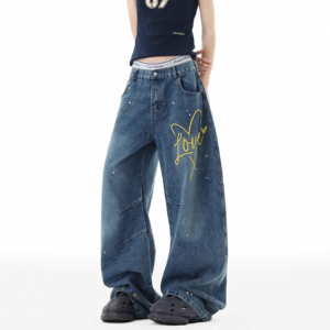 american splash ink embroidery jeans for men and women in winter design scimitar pants wide leg trousers boutique clothing