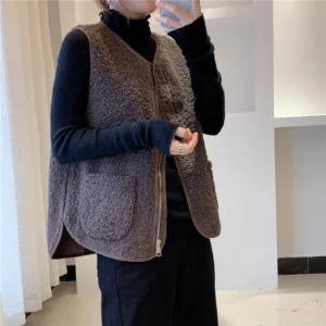 vest thick women sleeveless vests casual zipper pockets round neck jackets solid warm coat regular spliced elegant autumn winter