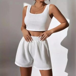 women two piece short sets slim fit shorts suit sleeveless tank round neck lounge solid casual lady summer homewear suits
