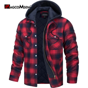 magcomsen men's flannel jacket with removable hood 5 pockets plaid quilted lined winter coats thick hoodie outwear fleece jacket