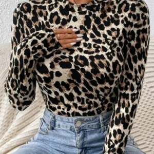 sexy tight women's bodysuits women's small stand collar long sleeve fashion leopard print tight girly style bodysuit top