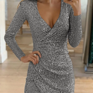 dresses for women 2025 sexy deep v neck silver sequin mini bodycon dress spring autumn long sleeve party dress female