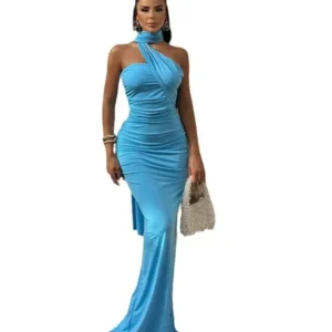 luxurious women's evening dresses solid color halterneck dress backless streamer slit temperament long dress for women