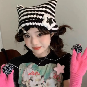 y2k devil ear striped knitted caps ins cute women's cap devil ear striped knitted cap crochet pullover hats autumn winter caps