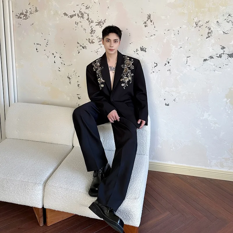 high end sequins three dimensional embroidered suit jacket men's 2024 handsome trendy versatile loose casual light luxury jacket