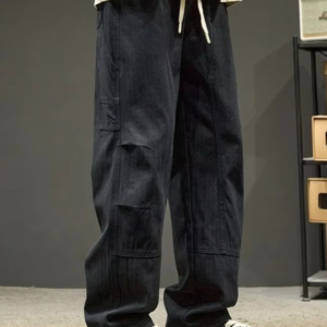 men cargo pant long wide leg pants casual loose straight trousers pockets splice solid high waist regular autumn winter