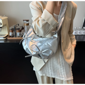 fashionable bow kawaii handbag for women with pleated shoulder straps for light travel and large capacity shoulder bag