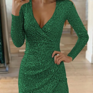 dresses for women 2025 sexy deep v neck silver sequin mini bodycon dress spring autumn long sleeve party dress female